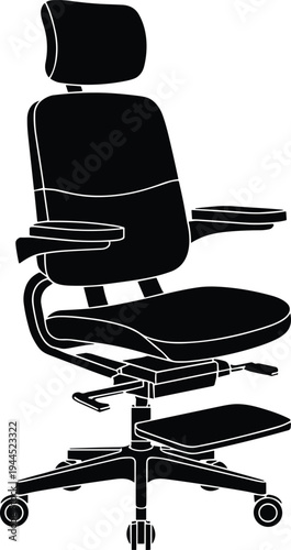 Ergonomic office chair silhouette with headrest armrests footrest and wheels vector illustration modern adjustable seating furniture isolated on white background
