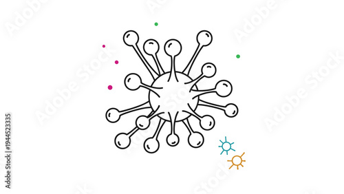 Scientific illustration of a virus or bacterium molecule with many protein spikes, surrounded by small abstract colorful dots and symbols.