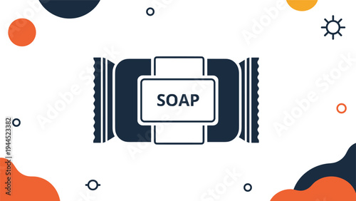 Graphic illustration of a dark blue and white package of soap wipes with abstract orange and dark blue shapes in the background.
