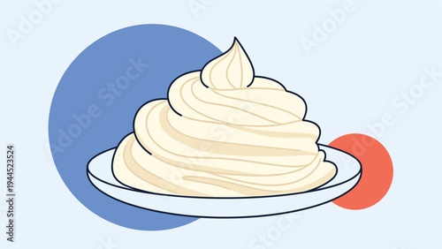 Appetizing illustration of a large swirl of white whipped cream or frosting on a small plate with blue and orange circles in the background.
