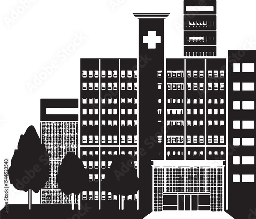  Modern Hospital Complex Silhouette - Multi-Wing Medical Center with Helipad