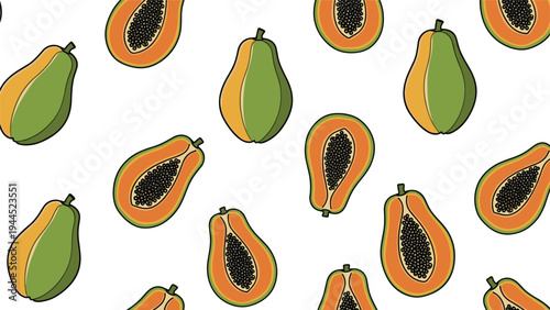 Vibrant seamless pattern of ripe papayas, featuring both whole green and yellow fruits and bright orange halves with black seeds.