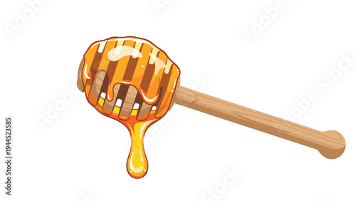 Close up illustration of a wooden honey dipper tool covered in thick, golden honey dripping downwards on a plain white background.