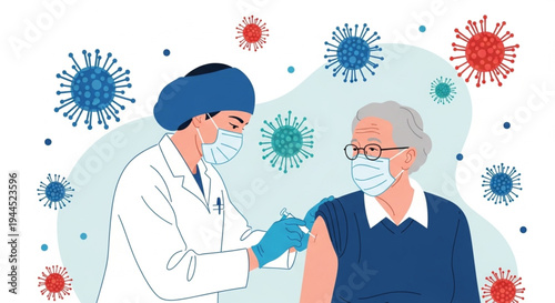 Doctor checking elderly patient with stethoscope during COVID-19 pandemic medical care