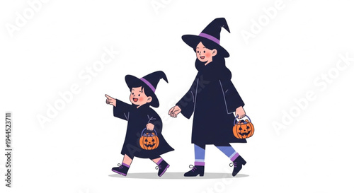 Mother daughter witch costumes walking trick or treat Halloween pumpkin lanterns festive celebration night