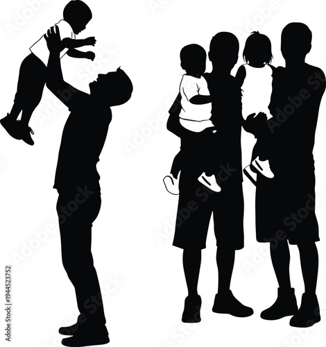 Black silhouette illustration of adults holding children, playful family bonding scene with parents and toddlers, symbolizing caregiving, nurturing relationships, and joyful interaction