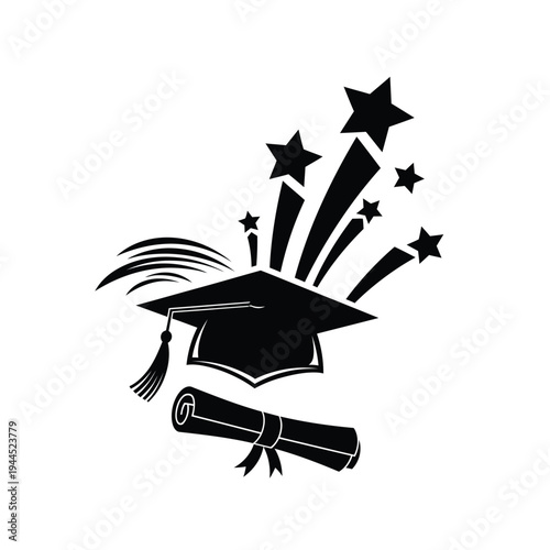 Graduation cap with diploma and celebratory stars