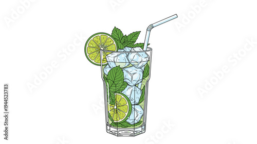 Refreshing mojito cocktail illustration featuring fresh lime slices mint leaves and ice cubes in a tall glass over white background.