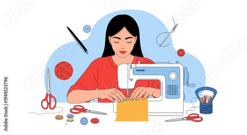 Asian woman seamstress sewing red fabric on white sewing machine with sewing tools and 