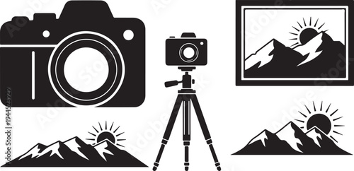 Photography equipment and mountain landscape icons in black