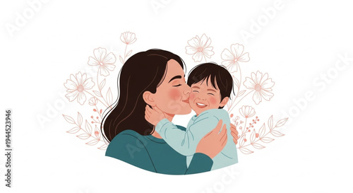 Mother and child bonding moment in soft floral background with warm pastel colors and happy emotions