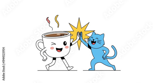 Cute cartoon cat drinking hot coffee with steam and happy face illustration