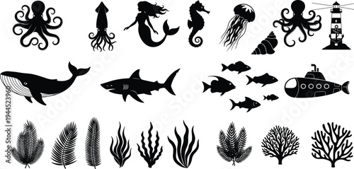 Comprehensive collection of marine silhouettes featuring octopus, squid, mermaid, seahorse, jellyfish, seashells, lighthouse, whale, shark, submarine, fish, and underwater 