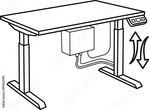 Electric height adjustable standing desk line art vector illustration with control panel arrows ergonomic office workstation furniture technical outline drawing