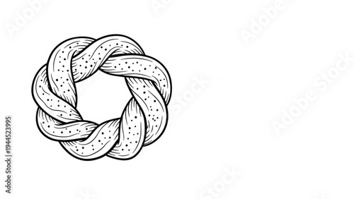 Black and white line art drawing of a twisted circular bread roll or bagel with seeds on the surface on a white background.