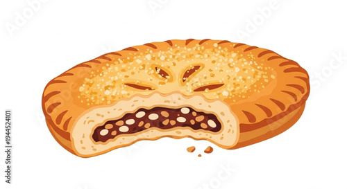 Delicious chocolate croissant with bite showing gooey filling and flaky crust on white background
