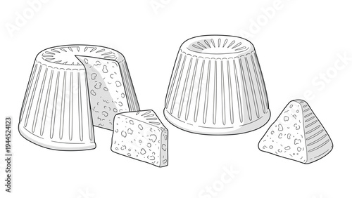 Black and white line drawing of ricotta cheese blocks with one slice removed and another piece on the side for food design.