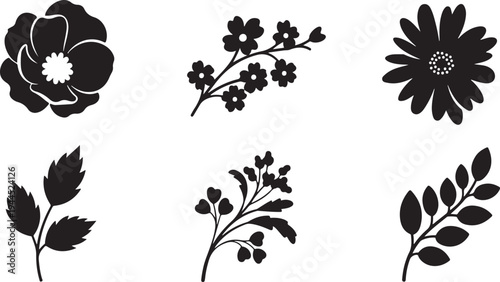 Black floral silhouettes on white background flowers leaves 2