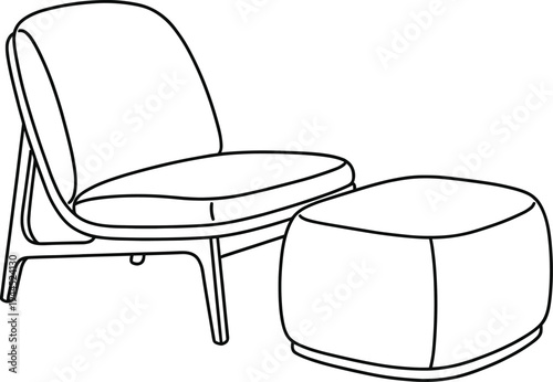 Modern lounge chair with ottoman line art illustration representing comfortable living room furniture, relaxation seating, minimalist interior design and home decor concept