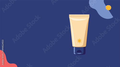 Sunscreen tube illustration on a dark blue background with abstract shapes for sun protection and summer skincare concept.