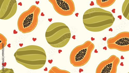 Seamless pattern with whole striped melons halved papayas with seeds and tiny red hearts for healthy food and love theme.
