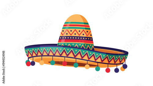 Colorful mexican sombrero hat illustration with traditional patterns and dangling pom poms on the brim for party celebration.