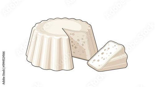 White cheese wheel illustration like ricotta or queso fresco with a slice cut out and placed next to it on white background.