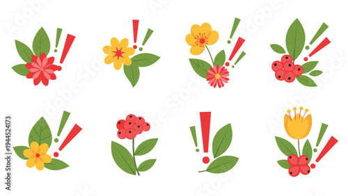 Collection of small floral and berry illustrations with colorful exclamation points for decorative and garden themed design.