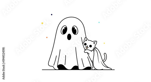 Cute black cat and friendly ghost illustration for Halloween, spooky cartoon vector art, flat design, isolated on white background