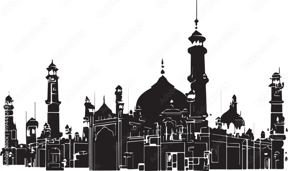 Fototapeta premium Lahore City Skyline Silhouette - Badshahi, Minar-e-Pakistan & Fort