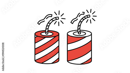 Two lit red and white striped firecrackers with sparking fuses for celebration festive events and firework display illustration.