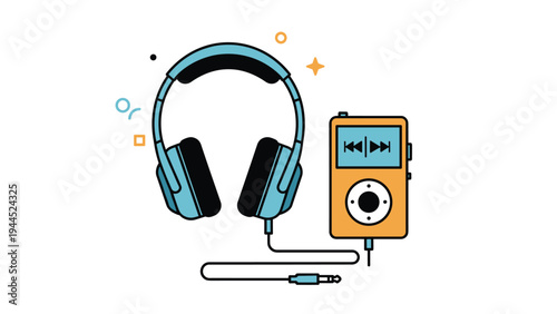 Music player with headphones illustration featuring an orange mp3 device and blue over ear headset for audio entertainment.