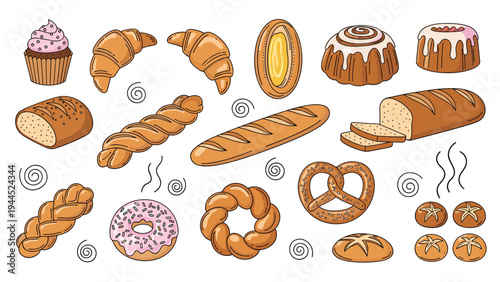 Large collection of baked goods including bread rolls croissants pretzels donuts and muffins for bakery and food industry.