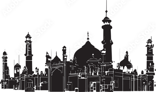 Lahore City Skyline Silhouette - Badshahi, Minar-e-Pakistan & Fort