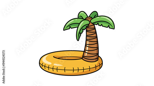 Yellow inflatable ring pool float with a small palm tree attached for summer holiday and tropical beach fun illustration.