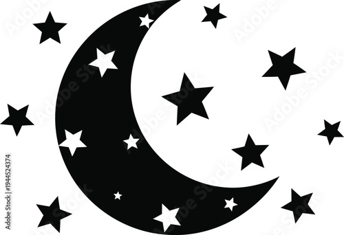 Whimsical crescent moon surrounded by twinkling stars in a night sky theme