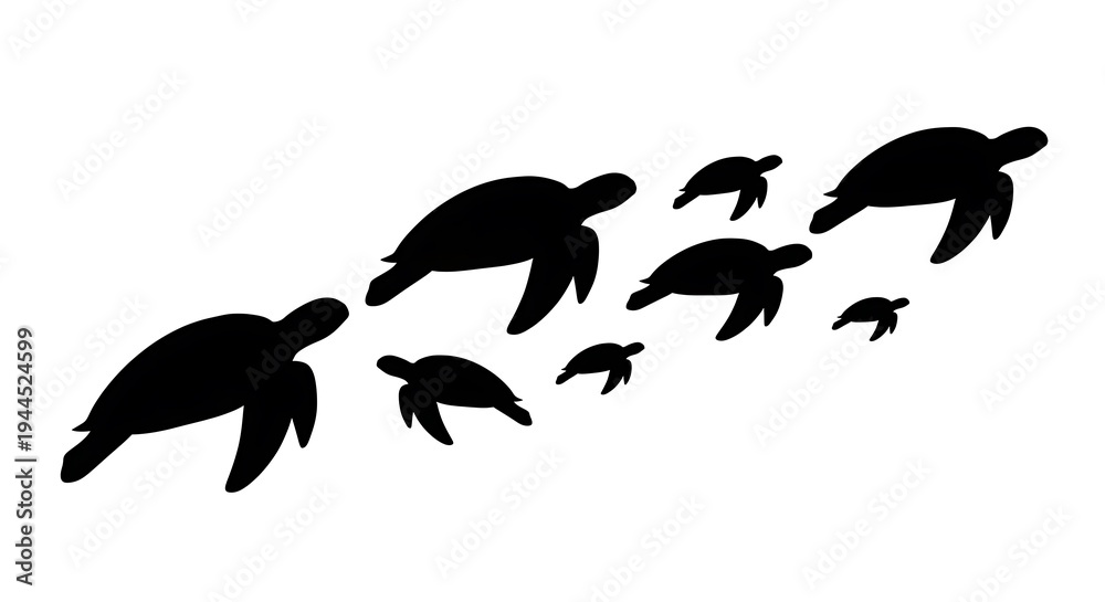 Obraz premium Turtles Swimming Family Group Silhouettes