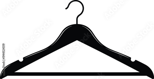 Black silhouette of a classic wooden clothes hanger isolated on white background, professional laundry and fashion retail equipment vector illustration for boutique clothing store design.