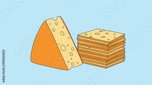 Cheese wedge with holes and a stack of square slices illustration on a blue background for dairy food and snack concept.