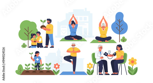 Wellness & Healthy Lifestyle: People of All Ages Engaging in Yoga, Gardening, & Healthcare Activities