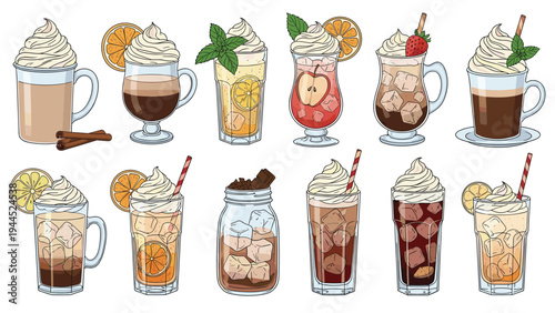 Set of different hot and cold beverages with whipped cream garnishes and straws for cafe and restaurant menu design.