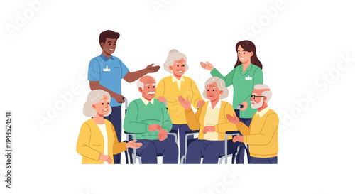 Diverse Caregivers Assisting and Interacting with Happy Senior People, Some in Wheelchairs - Elderly Care & Community Illustration