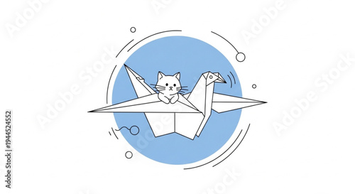 Cute cat and dog flying in paper airplane on blue sky background vector illustration
