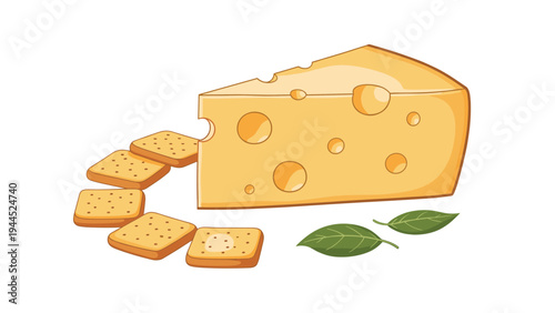 Large wedge of swiss cheese with large holes sits next to a semi-circle of small square crackers and green basil leaves.