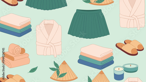 Relaxing spa theme pattern featuring folded robes, stacked towels, comfortable slippers, conical hats, and scented candles.