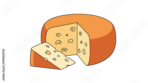 Classic round cheese wheel with a single wedge removed shows a pale yellow interior with many small holes in a simple style.