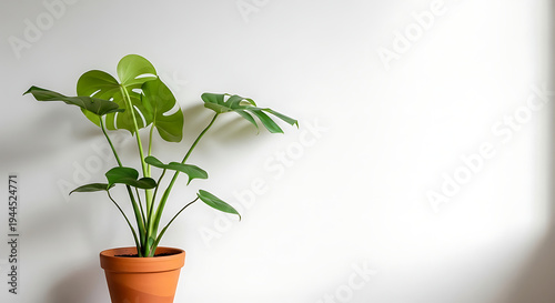 A vibrant green monstera plant in a terracotta pot, casting a soft shadow on a white wall