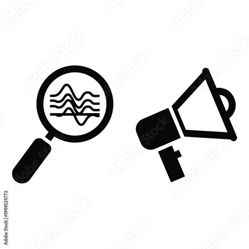 Illustration of black and white icons of a magnifying glass and a megaphone on vector