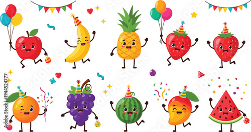 Cute kawaii fruit party characters vector set with apple, banana, pineapple, strawberry, grape and watermelon celebration illustrations