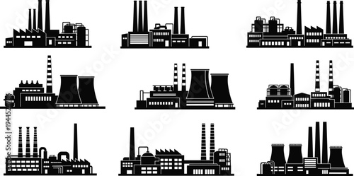 Industrial factory buildings silhouette set vector illustration, power plant refinery manufacturing facilities skyline icons collection, industry infrastructure energy production plant design